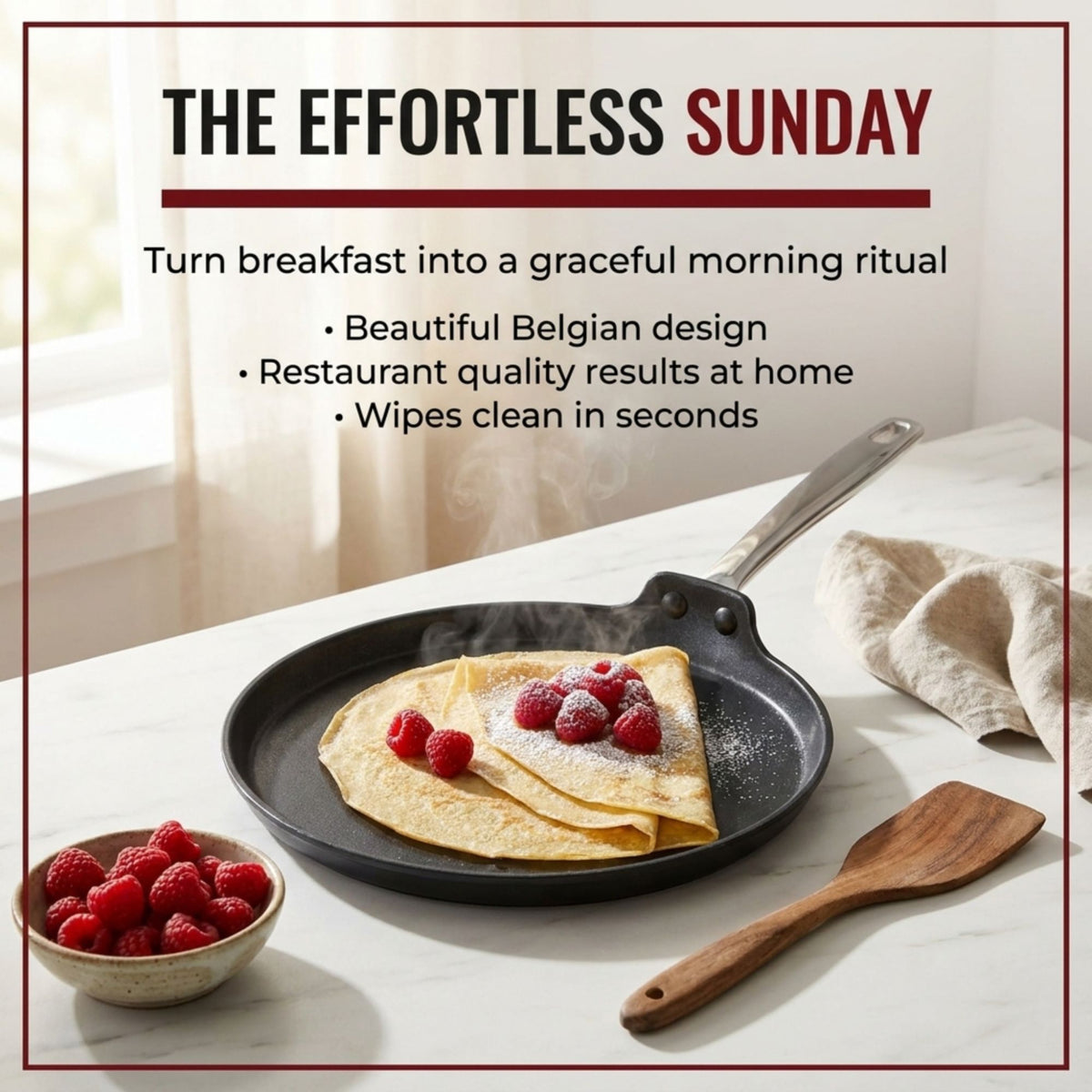 Folded crepes with raspberries in an Alva Maestro ceramic nonstick crepe pan on a sunny kitchen counter