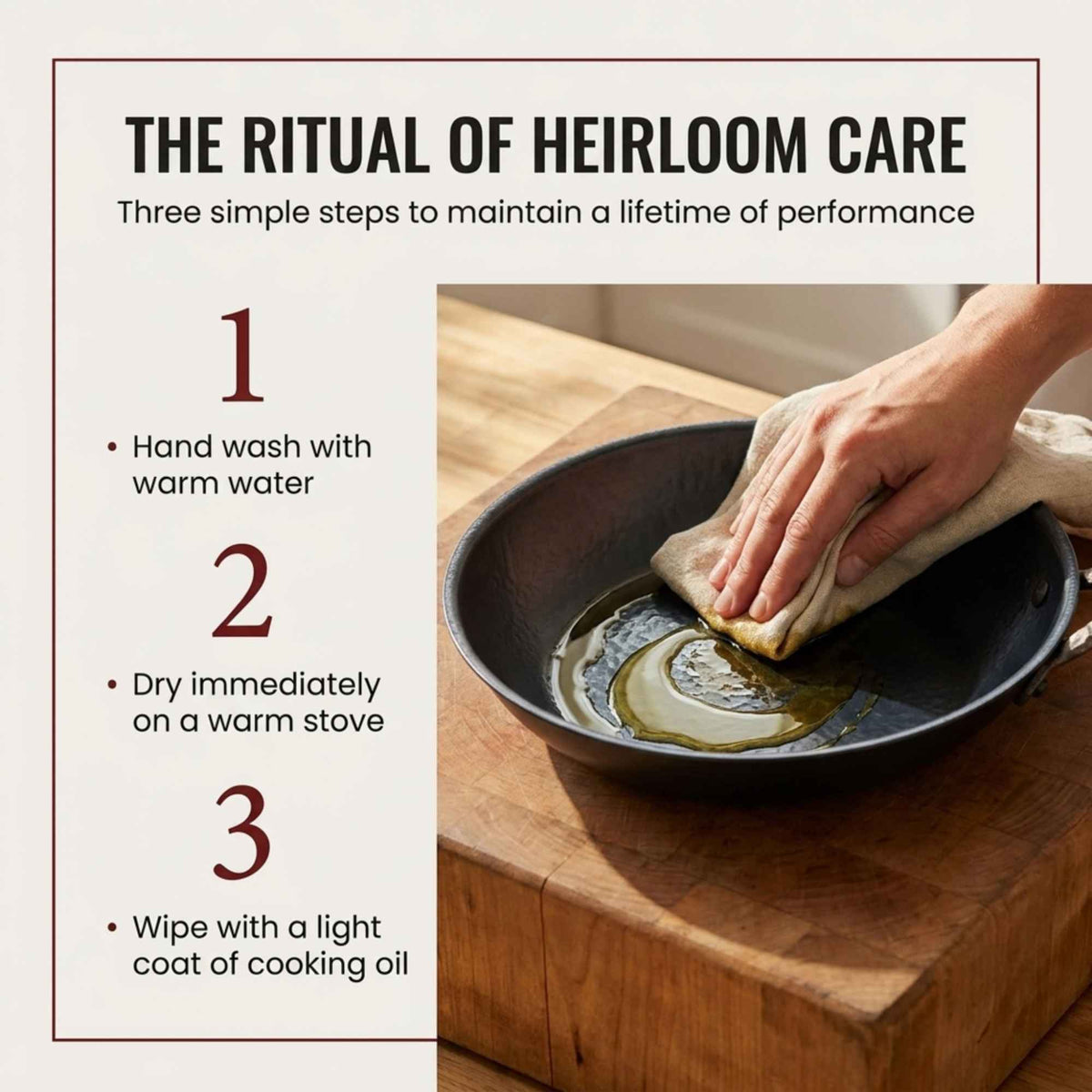 Care steps for the Alva Artist carbon steel pan: hand wash with warm water, dry on a warm stove, wipe with oil