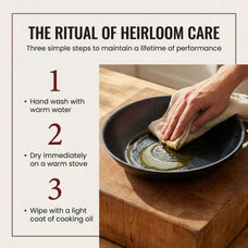 Care steps for the Alva Artist carbon steel pan: hand wash with warm water, dry on a warm stove, wipe with oil