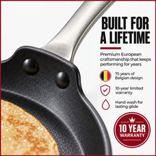Close-up of the Alva Maestro crepe pan's riveted steel handle; 75 years of Belgian design, 10-year warranty