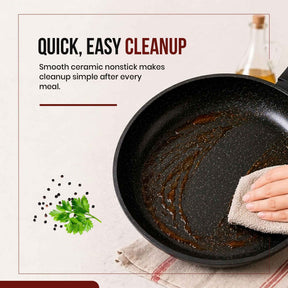 Alva Energy ceramic nonstick frying pan being wiped clean with a soft cloth