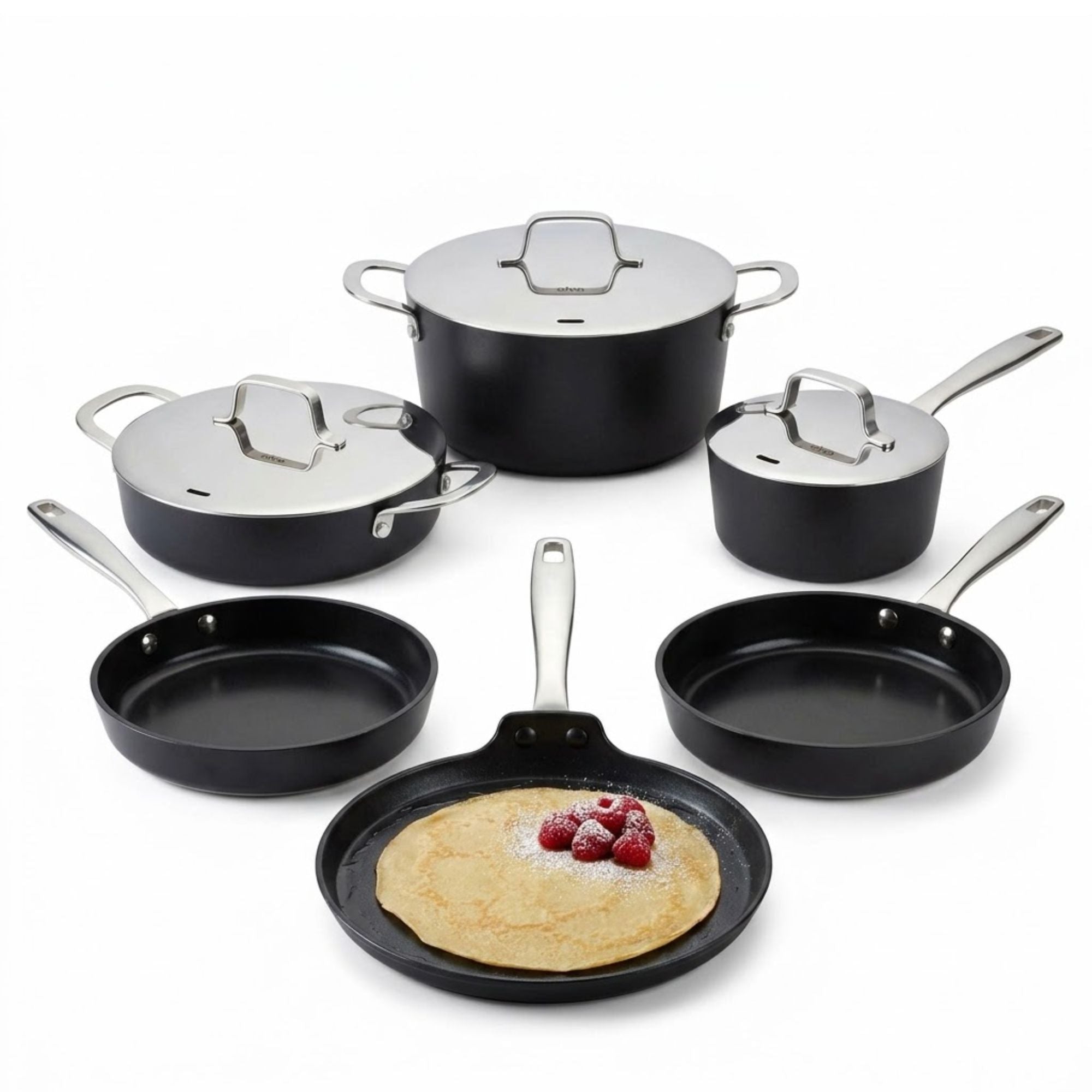 Alva Maestro ceramic nonstick nine-piece cookware set on white