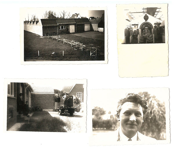 Four vintage black and white photographs featuring various outdoor and indoor scenes.