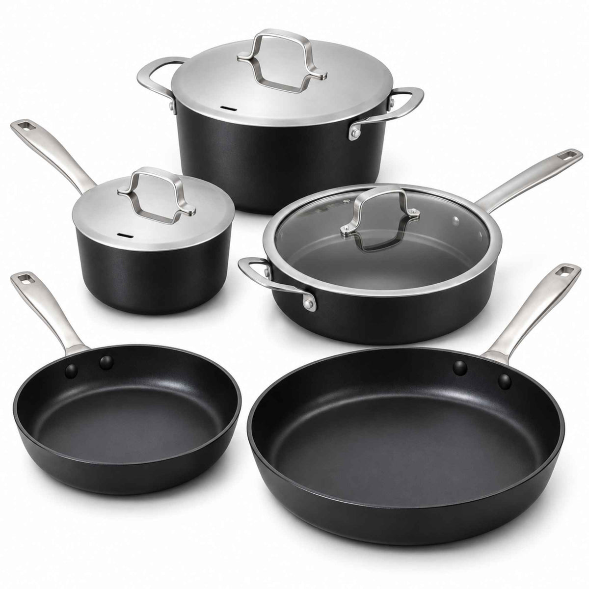 Alva Maestro 8-piece ceramic nonstick cookware set: 8- and 11-inch frying pans, a lidded saucepan and stock pot, and a sauté pan with glass lid