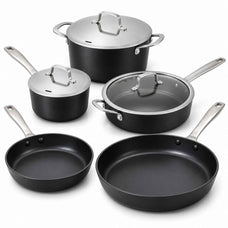 Alva Maestro 8-piece ceramic nonstick cookware set: 8- and 11-inch frying pans, a lidded saucepan and stock pot, and a sauté pan with glass lid