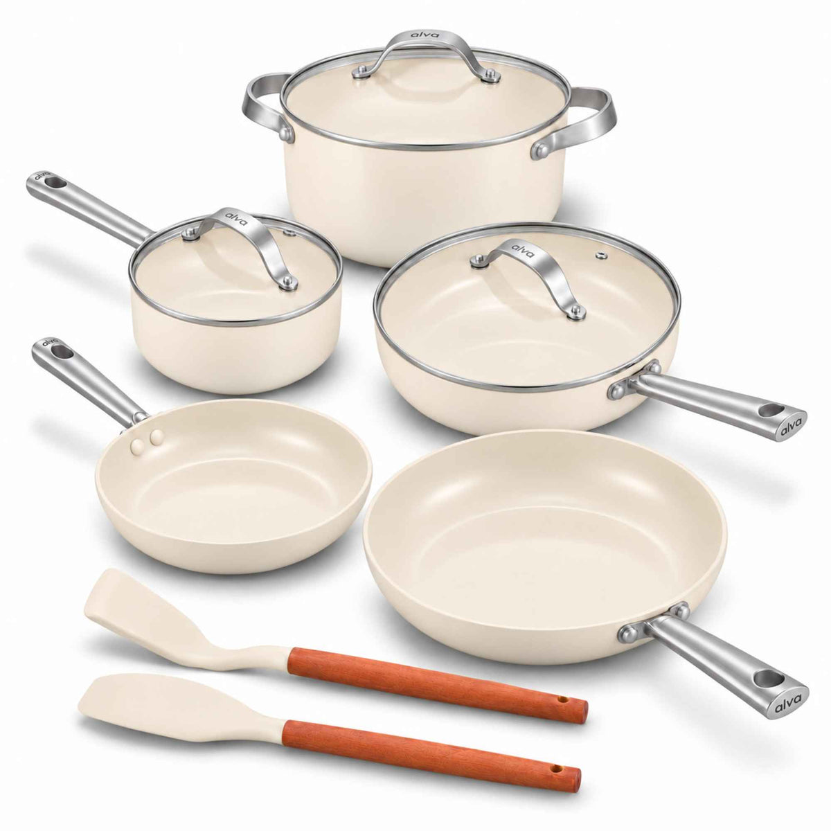 Alva Cicla 10-piece ceramic nonstick cookware set in White Swan: 8- and 11-inch frying pans, lidded saucepan, sauté pan and pot, plus a silicone turner and spatula with wooden handles