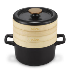 Alva Nori 2.5-quart black enameled cast iron Dutch oven with two stacked bamboo steamer baskets and lid