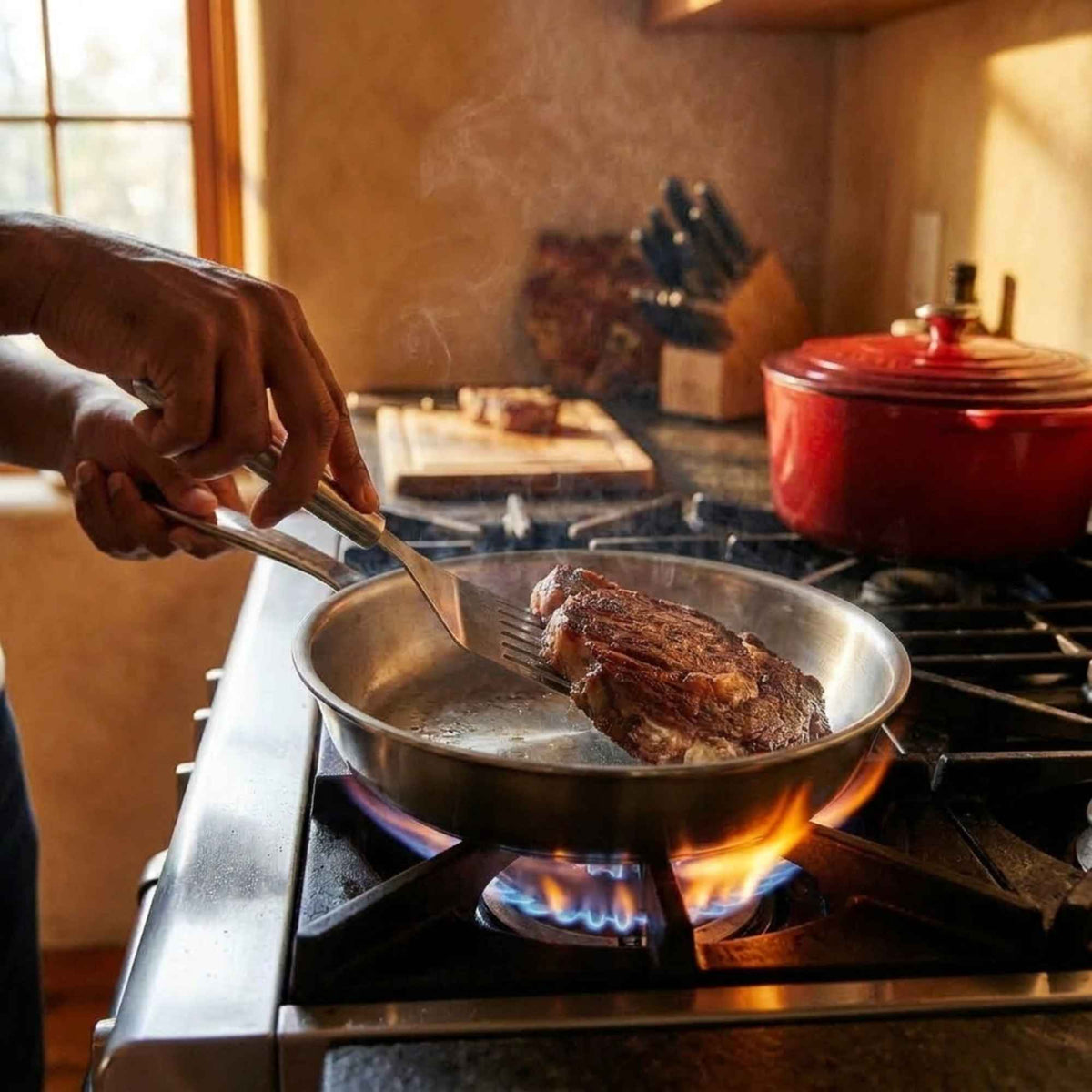 Steak searing in an Alva Maestro 5-ply stainless steel frying pan over a gas flame
