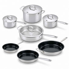Alva stainless steel and nonstick cookware set: lidded stock pot, two saucepans, sauté pan and three frying pans