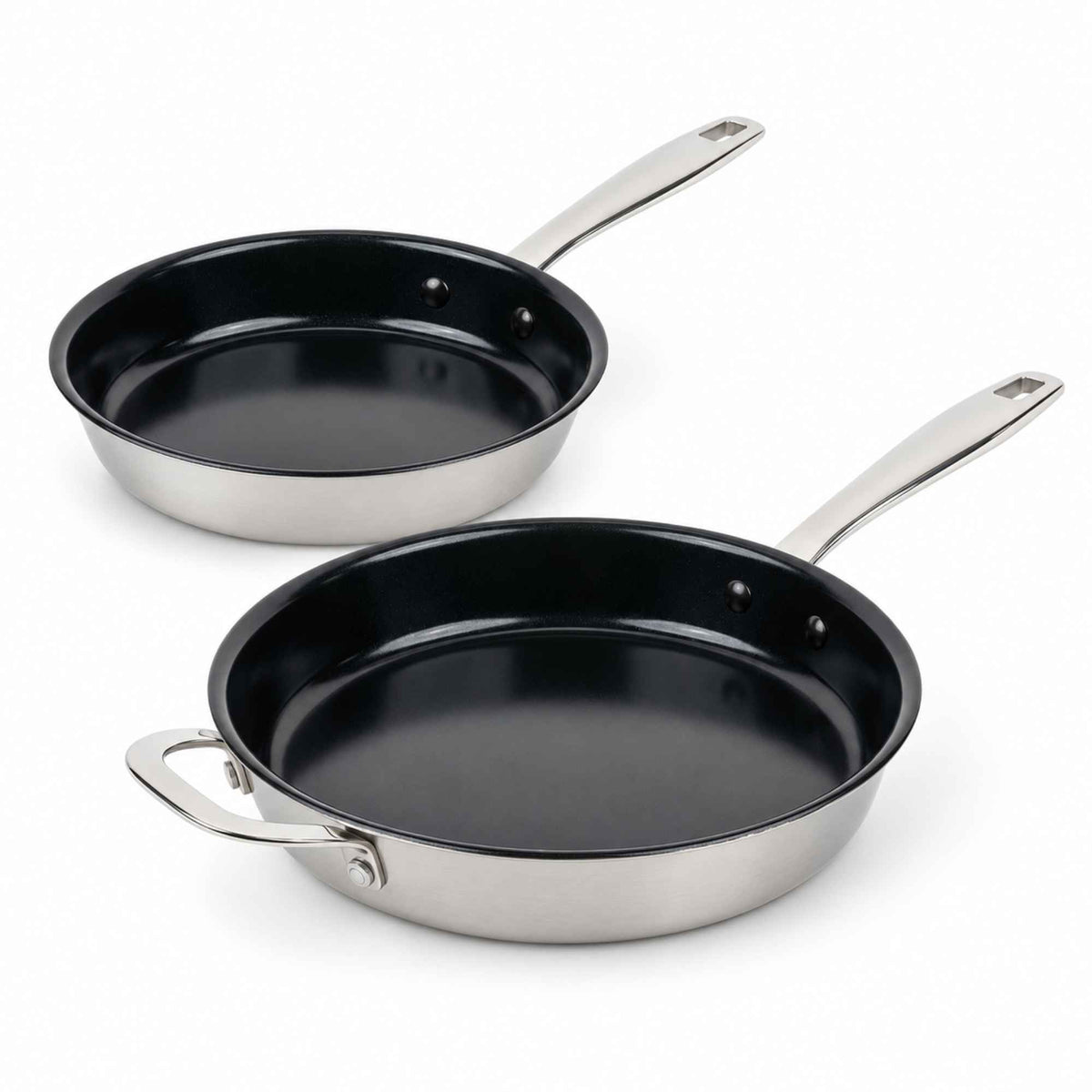 Two Alva Maestro 5-ply nonstick frying pans with stainless steel exteriors, one with a helper handle, on white