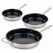 Three Alva Maestro 5-ply nonstick frying pans in graduated sizes with stainless steel exteriors on white