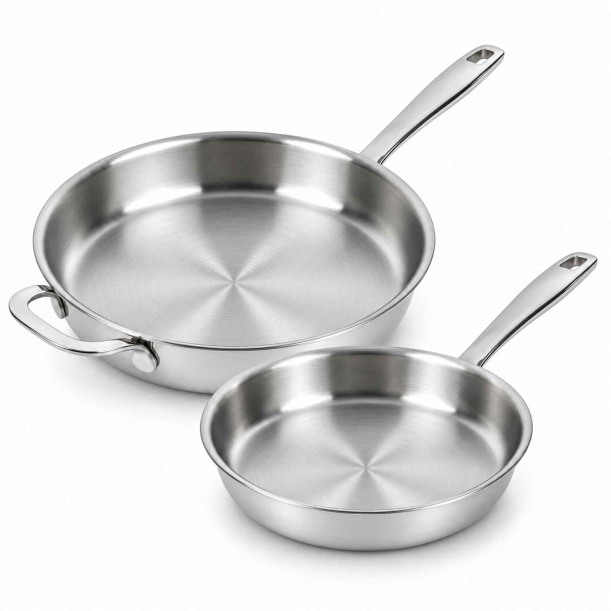 Two Alva Maestro 5-ply stainless steel frying pans, one with a helper handle, on a white background
