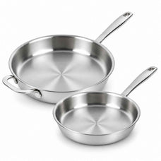 Two Alva Maestro 5-ply stainless steel frying pans, one with a helper handle, on a white background