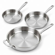 Three Alva Maestro 5-ply stainless steel frying pans in graduated sizes, the largest with a helper handle, on a white background