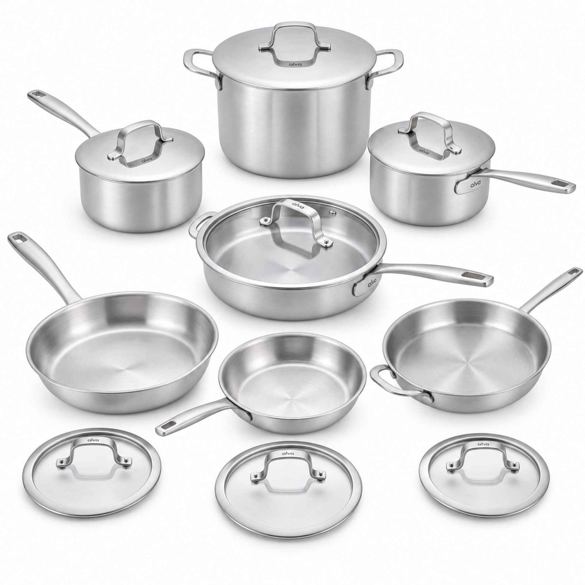 Alva 14-piece 5-ply stainless steel cookware set laid out: stockpot, saucepans, sauté pan, frying pans and fitted lids