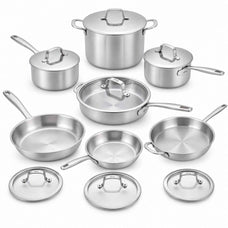 Alva 14-piece 5-ply stainless steel cookware set laid out: stockpot, saucepans, sauté pan, frying pans and fitted lids