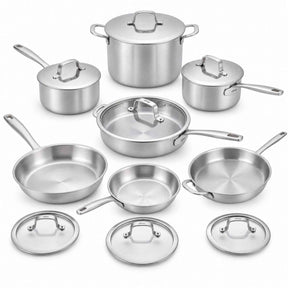 Alva 14-piece 5-ply stainless steel cookware set laid out: stockpot, saucepans, sauté pan, frying pans and fitted lids
