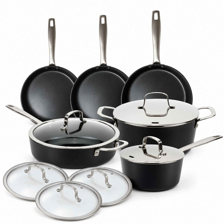 Alva Maestro 12-piece ceramic nonstick cookware set: three frying pans, saucepan, stockpot, sauté pan and six glass lids