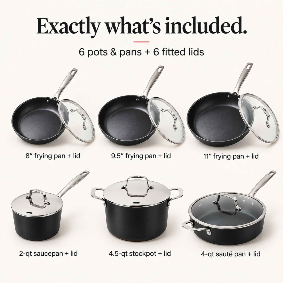 Exactly what's included in the Alva Maestro 12-piece ceramic nonstick set: 8", 9.5" and 11" frying pans, 2-qt saucepan, 4.5-qt stockpot, 4-qt sauté pan, each with lid