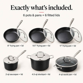 Exactly what's included in the Alva Maestro 12-piece ceramic nonstick set: 8", 9.5" and 11" frying pans, 2-qt saucepan, 4.5-qt stockpot, 4-qt sauté pan, each with lid