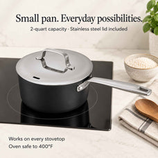 Small pan, everyday possibilities: Alva Maestro 2-quart ceramic nonstick saucepan with stainless steel lid on an induction cooktop, works on every stovetop, oven safe to 400°F