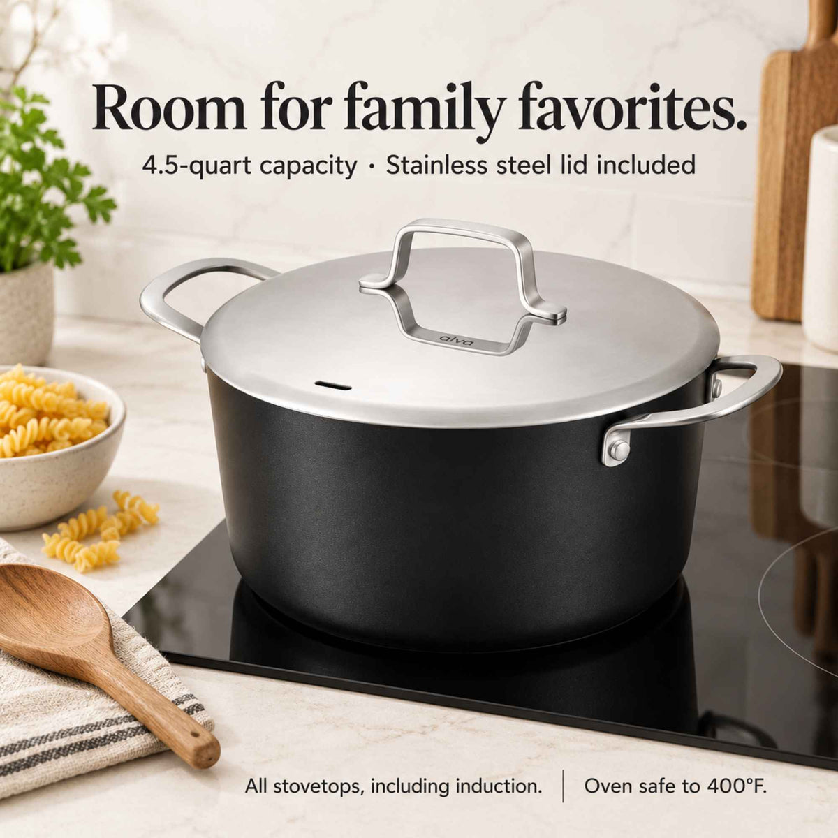 Room for family favorites: Alva Maestro 4.5-quart ceramic nonstick stock pot with stainless steel lid on an induction cooktop, oven safe to 400°F