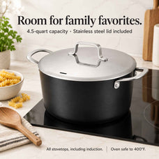 Room for family favorites: Alva Maestro 4.5-quart ceramic nonstick stock pot with stainless steel lid on an induction cooktop, oven safe to 400°F