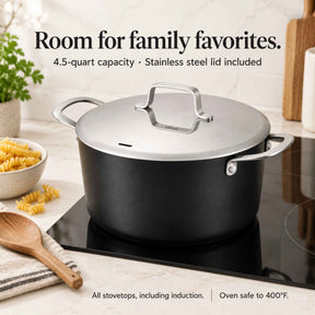 Room for family favorites: Alva Maestro 4.5-quart ceramic nonstick stock pot with stainless steel lid on an induction cooktop, oven safe to 400°F
