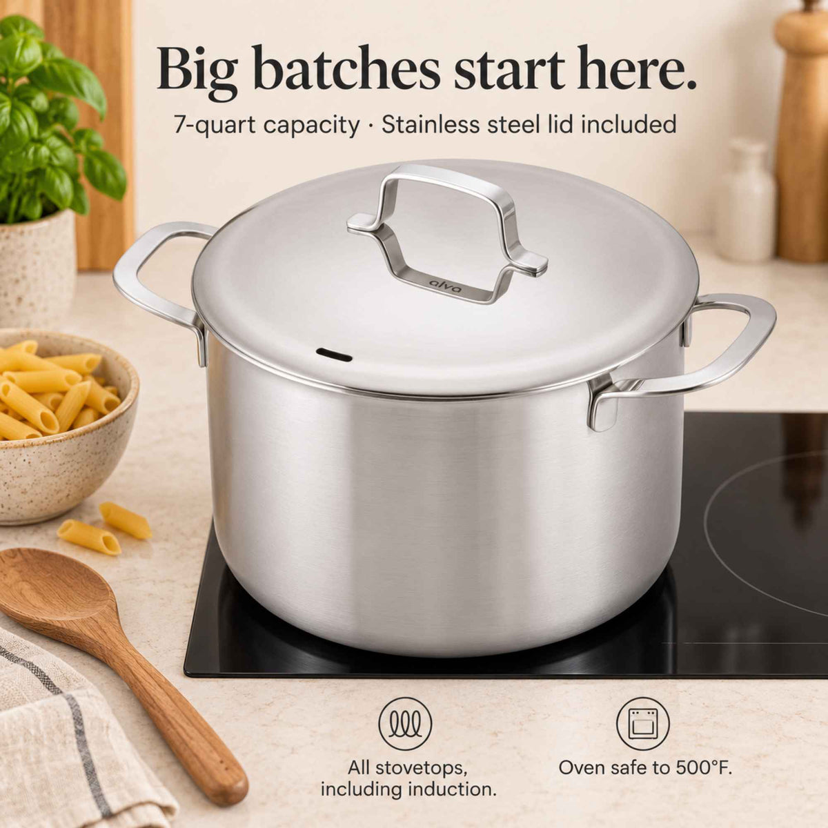 Big batches start here: Alva Maestro 7-quart 5-ply stainless steel stock pot with lid on an induction cooktop, oven safe to 500°F