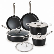 Alva Maestro 9-piece ceramic nonstick cookware set: two frying pans, sauté pan, saucepan, stockpot and glass lids