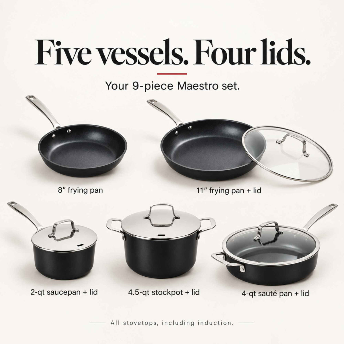 Five vessels, four lids: Alva Maestro 9-piece set with 8" and 11" frying pans, 2-qt saucepan, 4.5-qt stockpot and 4-qt sauté pan