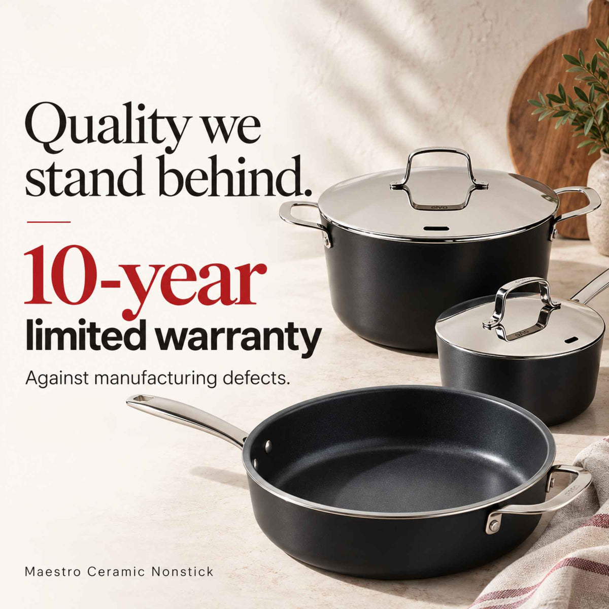 Quality we stand behind: Alva Maestro ceramic nonstick stockpot, saucepan and sauté pan backed by a 10-year limited warranty