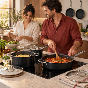 Couple cooking dinner together in an Alva Maestro ceramic nonstick sauté pan and stockpot on an induction cooktop
