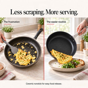 Less scraping, more serving: eggs stuck in a worn pan versus an omelet sliding out of an Alva Maestro ceramic nonstick frying pan