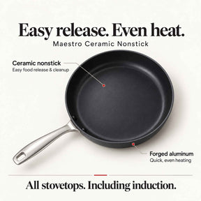 Alva Maestro ceramic nonstick frying pan callouts: easy-release ceramic coating, forged aluminum body, works on all stovetops including induction