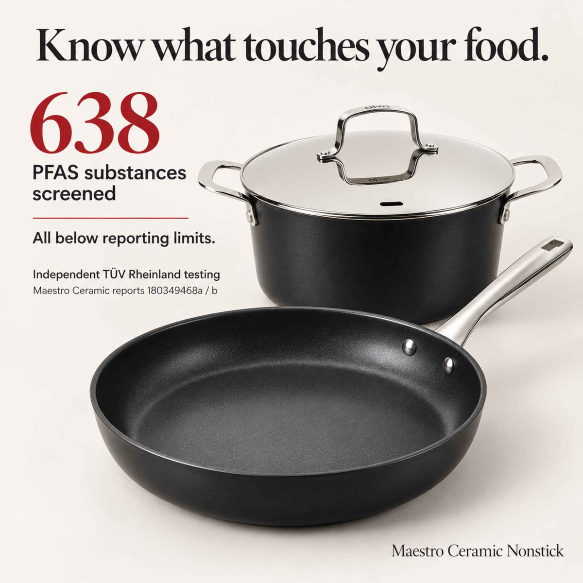 Know what touches your food: Alva Maestro ceramic nonstick frying pan and stockpot, 638 PFAS substances screened by TÜV Rheinland