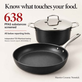 Know what touches your food: Alva Maestro ceramic nonstick frying pan and stockpot, 638 PFAS substances screened by TÜV Rheinland