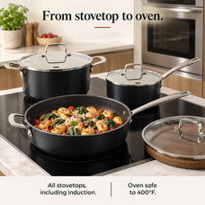 Alva Maestro ceramic nonstick sauté pan with shrimp and spinach on an induction cooktop, oven safe to 400°F