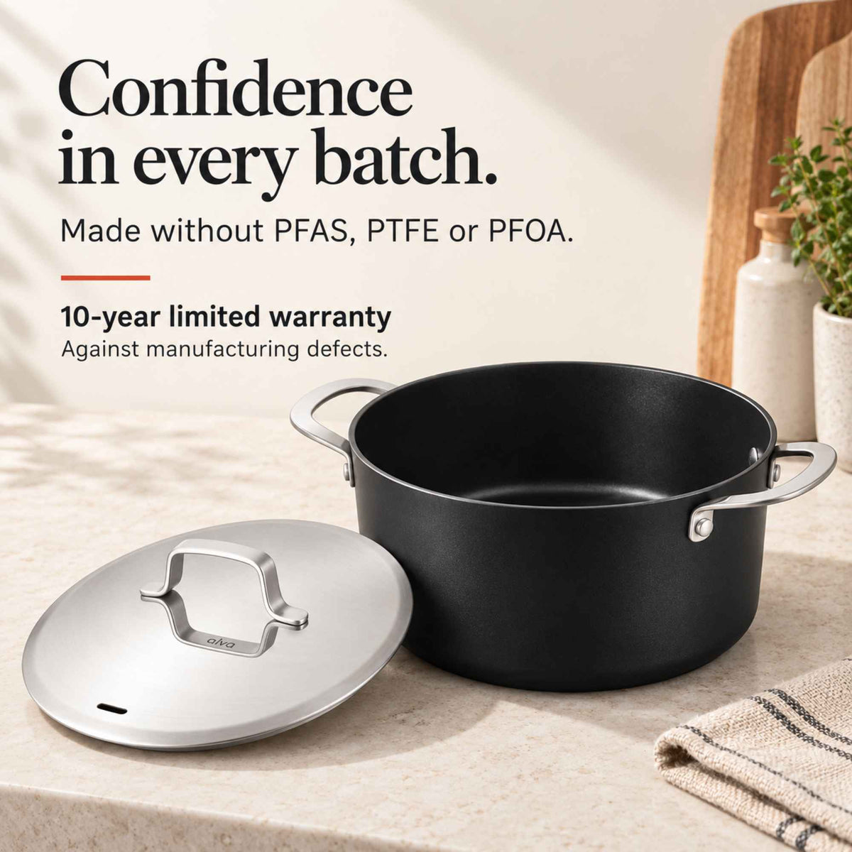 Confidence in every batch: Alva Maestro ceramic nonstick stock pot and lid, made without PFAS, PTFE or PFOA, 10-year limited warranty