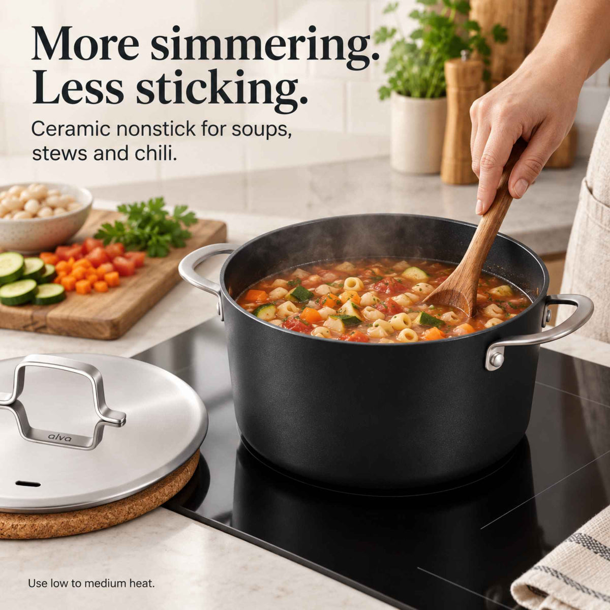 More simmering, less sticking: pasta soup simmering in an Alva Maestro ceramic nonstick stock pot, made for soups, stews and chili