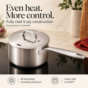 Even heat, more control: Alva Maestro fully clad 5-ply stainless steel saucepan with lid on an induction cooktop, all stovetops, oven safe to 500°F