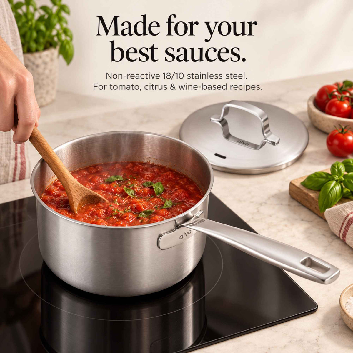 Made for your best sauces: tomato sauce simmering in an Alva Maestro 5-ply stainless steel saucepan on an induction cooktop