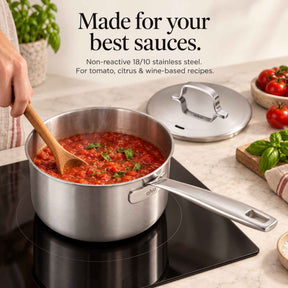 Made for your best sauces: tomato sauce simmering in an Alva Maestro 5-ply stainless steel saucepan on an induction cooktop
