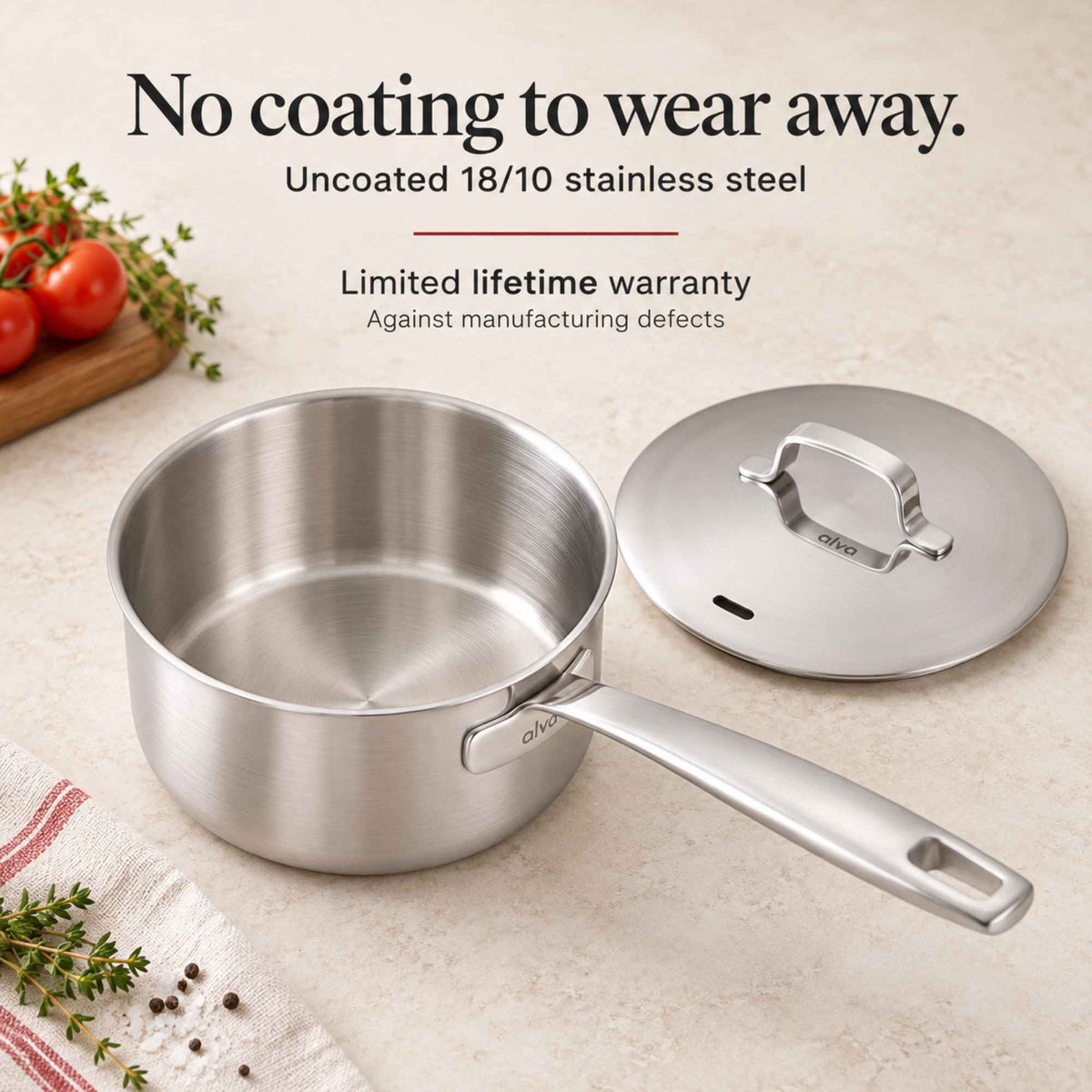 No coating to wear away: Alva Maestro uncoated 18/10 stainless steel saucepan and lid with limited lifetime warranty