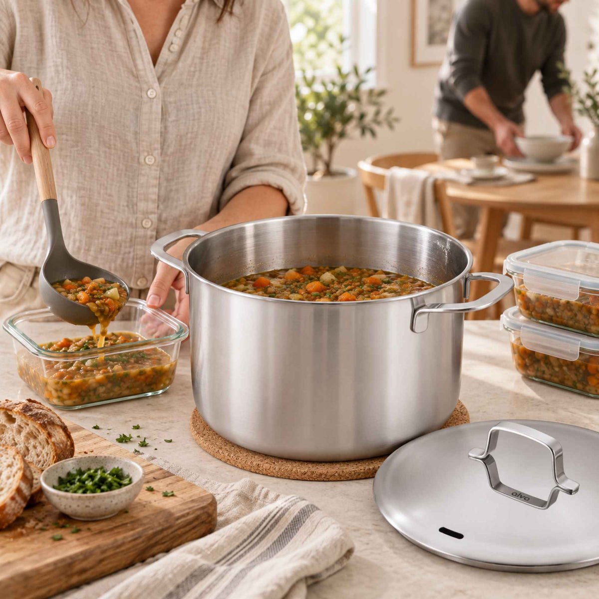 Alva Maestro 5-ply stainless steel stock pot on the dinner table as a family serves pasta