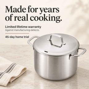 Made for years of real cooking: Alva Maestro 5-ply stainless steel stock pot with limited lifetime warranty and 45-day home trial