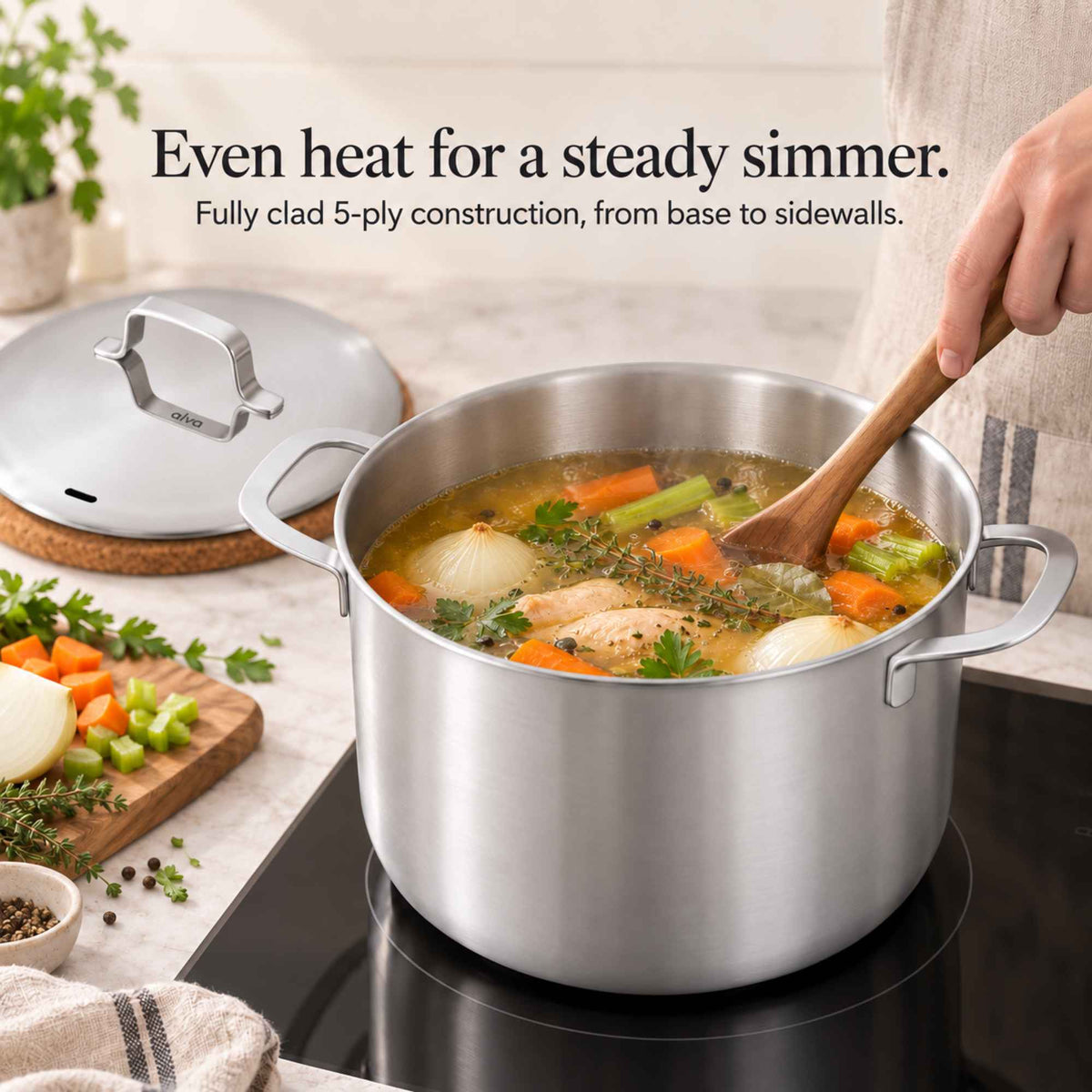 Even heat for a steady simmer: vegetable soup cooking in an Alva Maestro fully clad 5-ply stainless steel stock pot
