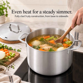 Even heat for a steady simmer: vegetable soup cooking in an Alva Maestro fully clad 5-ply stainless steel stock pot