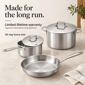 Made for the long run: Alva stainless steel saucepan, stockpot and frying pan with limited lifetime warranty and 45-day home trial