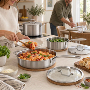 Alva 5-ply stainless steel sauté pan with pasta on the stovetop beside a stockpot and saucepan, couple cooking behind